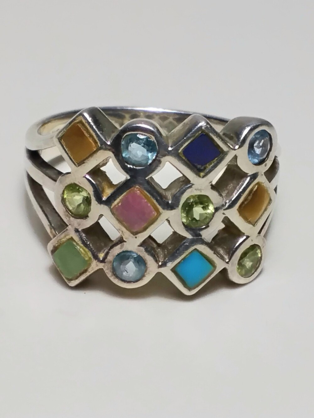 925 Silver Multi Stone Mosaic Ring Sz 10-1/2